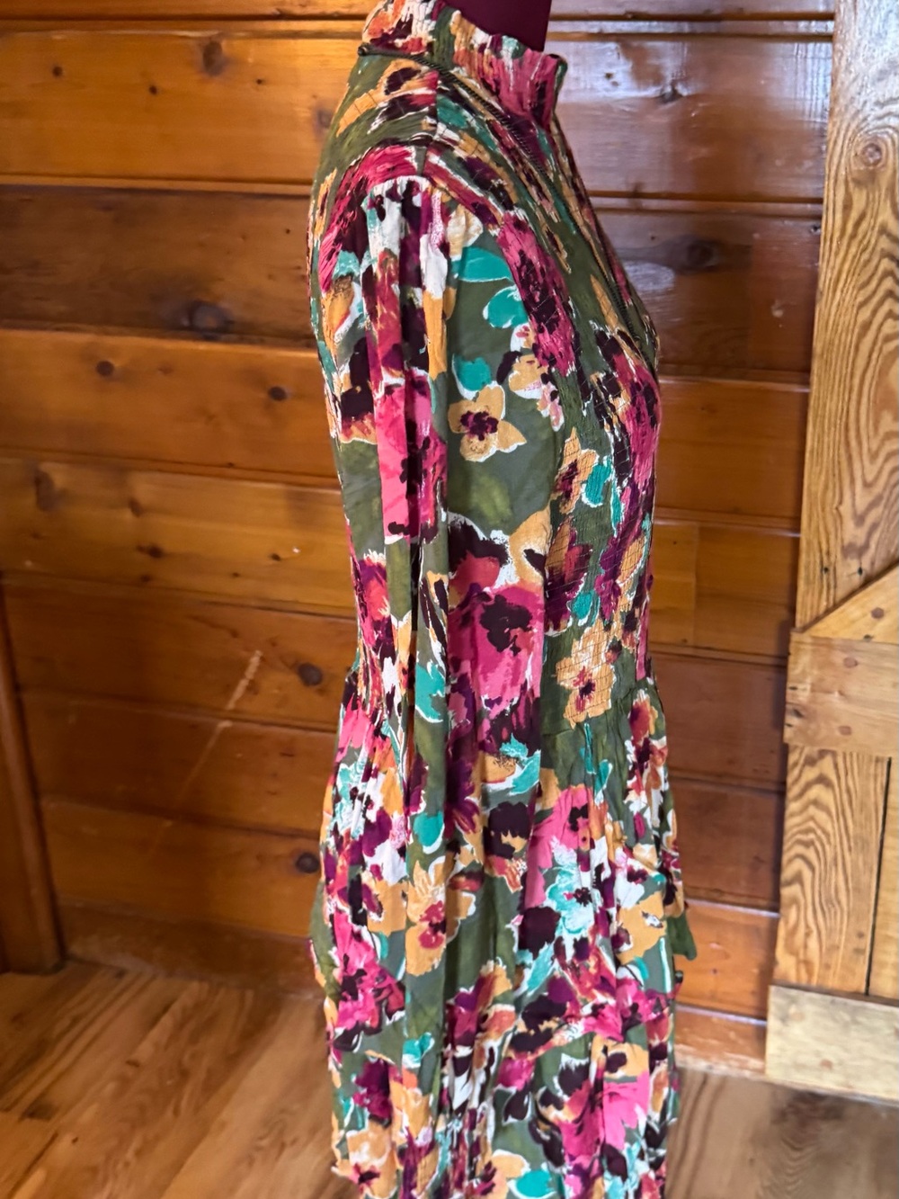 easel NWT Floral Tiered Long Sleeve Mock Neck Dress - Olive, Pink, Mustard - Picture 4 of 6
